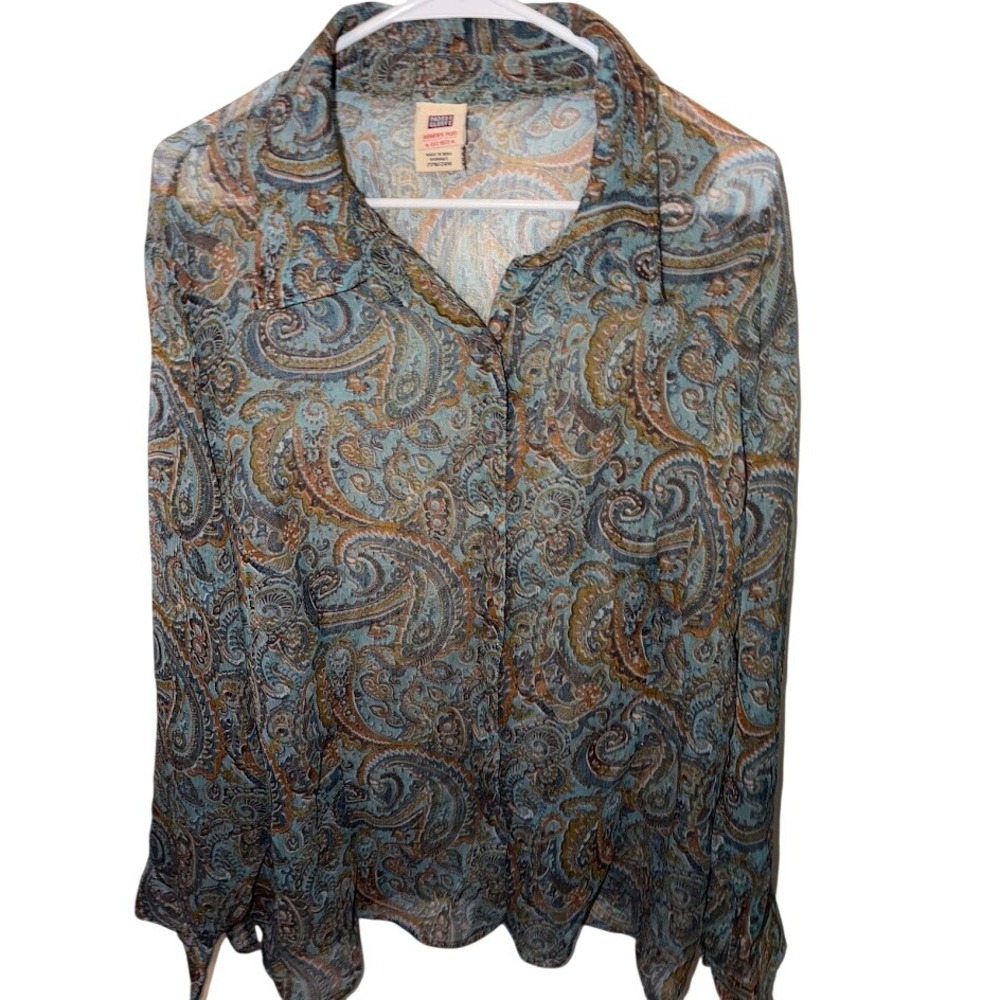 Faded Glory Shimmery Sheer Paisley Y2K Button Up Top Blue Brown Womens 22W 24W